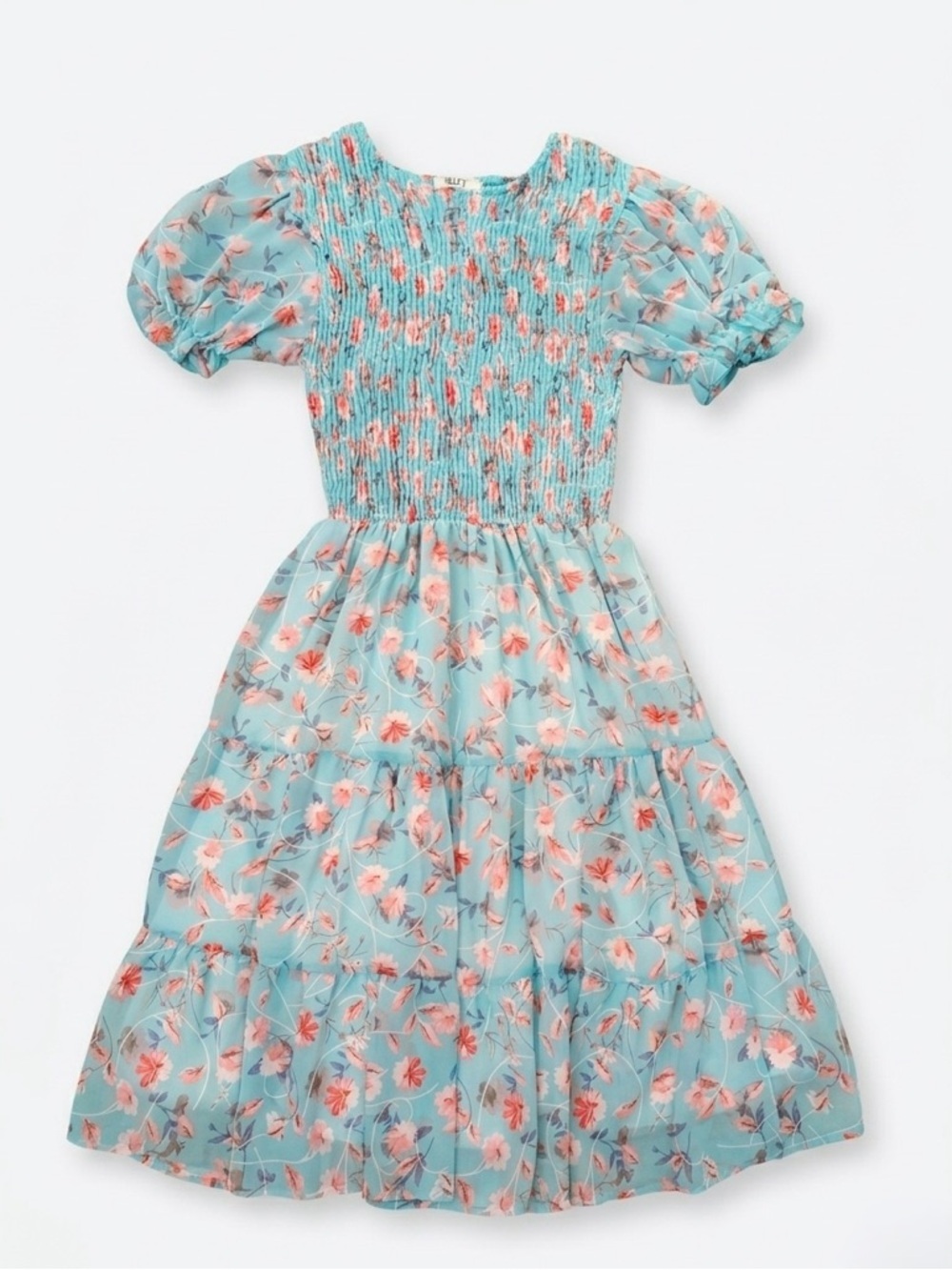 Floral Smocked Puff Sleeve Dress - Light Aqua with Coral Flowers - Picture 1 of 4